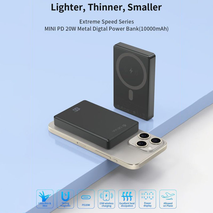 MagSafe PowerBank Extreme Speed Mini s displayom, PD 20W, 10000mAh, Space Grey, Devia