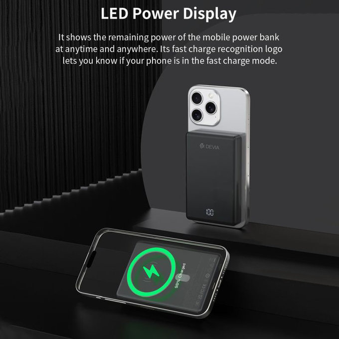 MagSafe PowerBank Extreme Speed Mini s displayom, PD 20W, 10000mAh, Space Grey, Devia