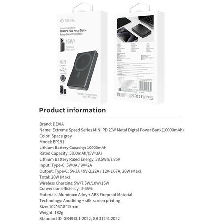 MagSafe PowerBank Extreme Speed Mini s displayom, PD 20W, 10000mAh, Space Grey, Devia