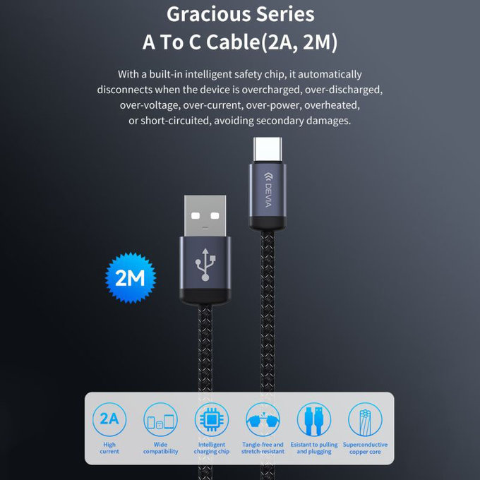 USB / USB-C kabel Gracious, 2.1A, 2m, crna, Devia
