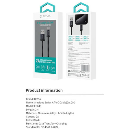 USB / USB-C kabel Gracious, 2.1A, 2m, crna, Devia