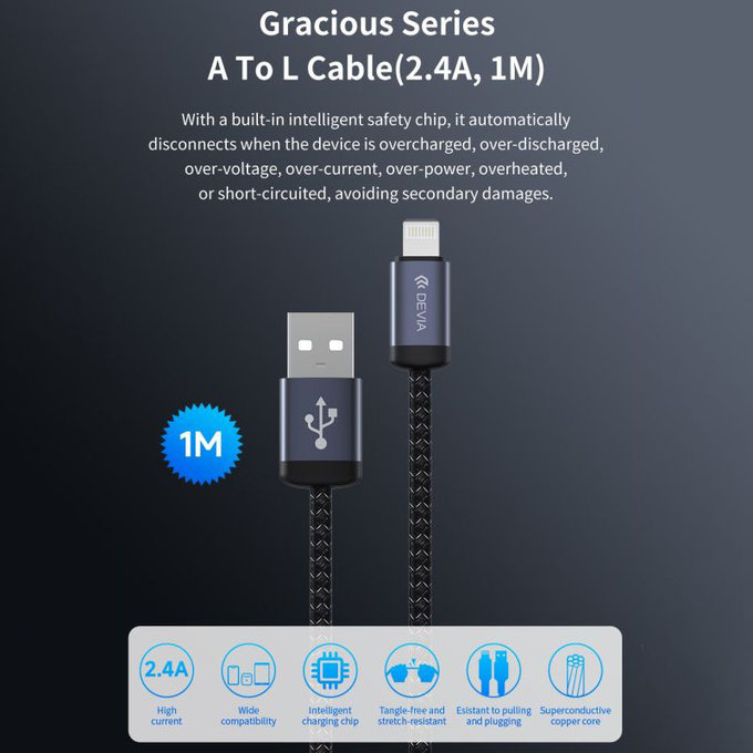 Lightning / USB kabel Gracious, 2,4A, 1m, crna, Devia