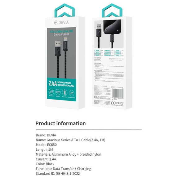 Lightning / USB kabel Gracious, 2,4A, 1m, crna, Devia