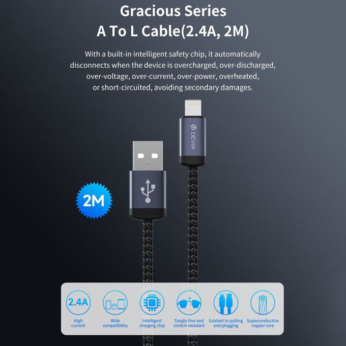 Lightning / USB kabel Gracious, 2,4A, 2m, crna, Devia