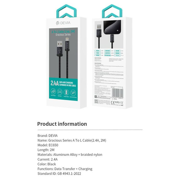 Lightning / USB kabel Gracious, 2,4A, 2m, crna, Devia