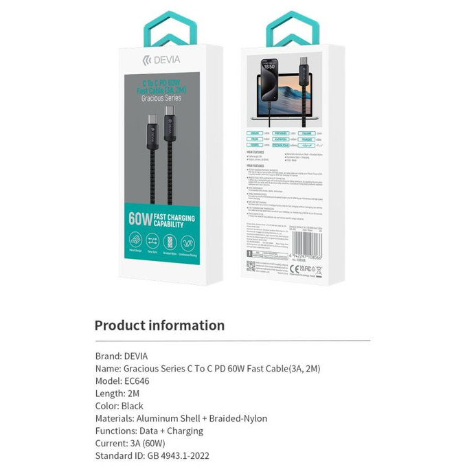 USB-C / USB-C kabel Gracious, PD 60W, 2m, crna, Devia
