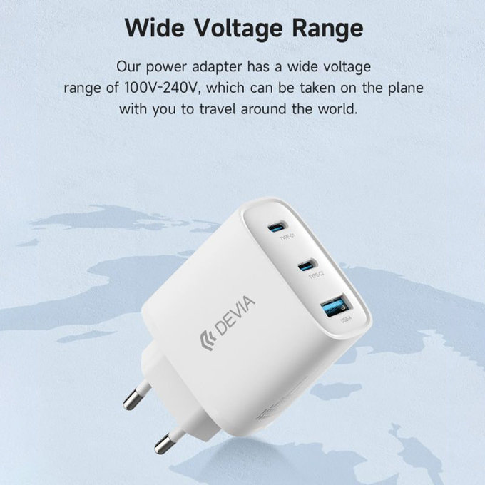 Punjač Extreme Speed, 2x USB-C + USB-A, PD 65W, bijela, Devia