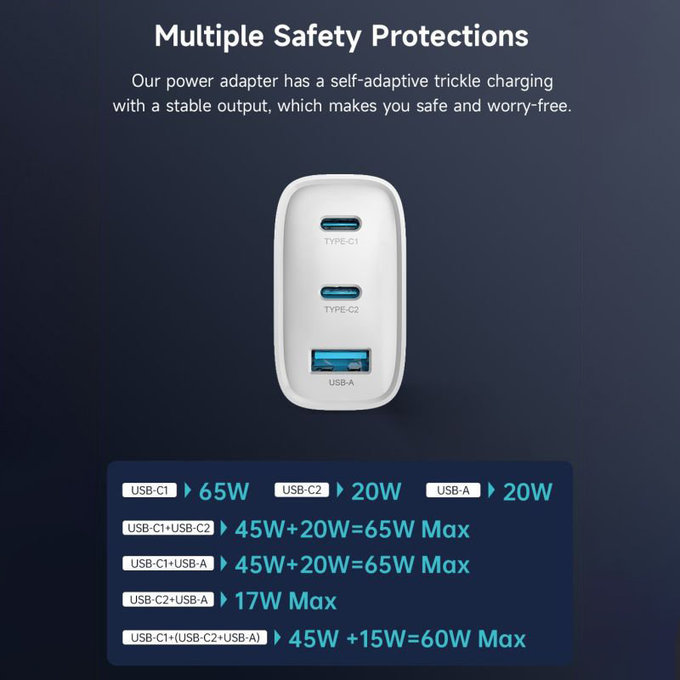 Punjač Extreme Speed, 2x USB-C + USB-A, PD 65W, bijela, Devia