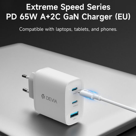 Punjač Extreme Speed, 2x USB-C + USB-A, PD 65W, bijela, Devia