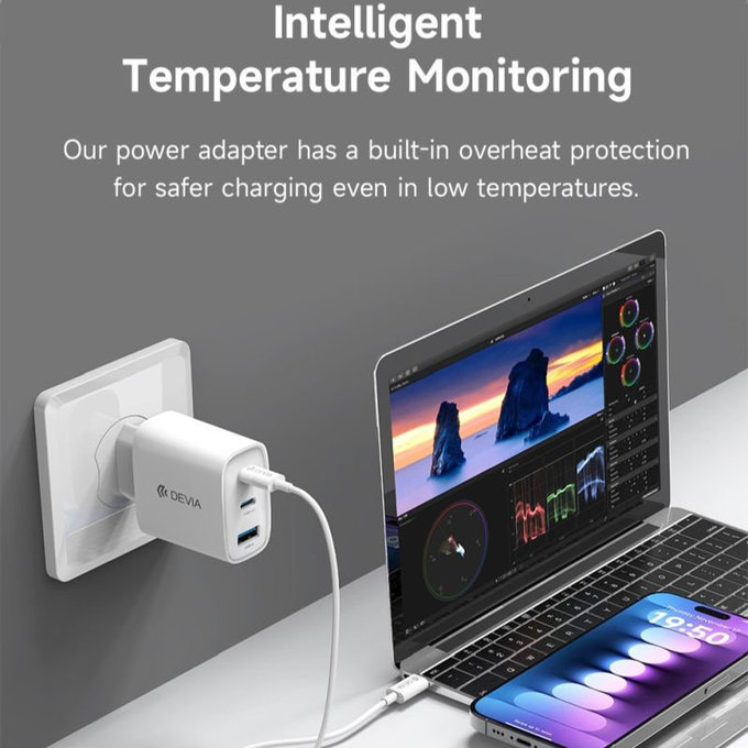 Punjač Extreme Speed, 2x USB-C + USB-A, PD 65W, bijela, Devia