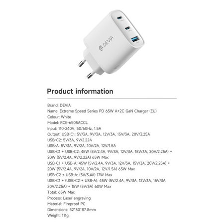 Punjač Extreme Speed, 2x USB-C + USB-A, PD 65W, bijela, Devia