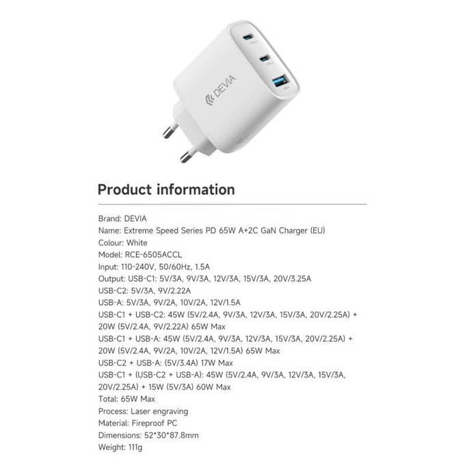 Punjač Extreme Speed, 2x USB-C + USB-A, PD 65W, bijela, Devia