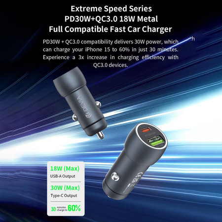 Auto punjač Extreme Speed USB-C + USB-A, PD 30W, QC 3.0 18W, siva, Devia