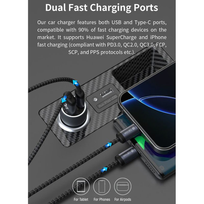 Auto punjač Extreme Speed USB-C + USB-A, PD 30W, QC 3.0 18W, siva, Devia