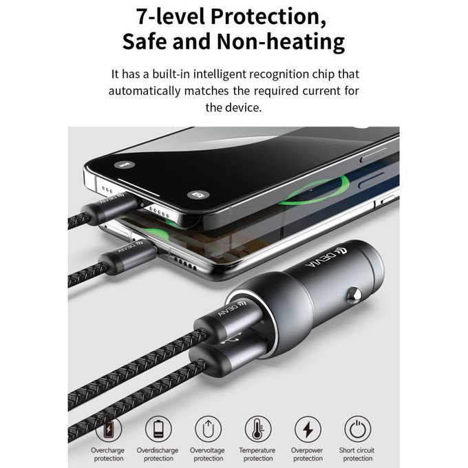 Auto punjač Extreme Speed USB-C + USB-A, PD 30W, QC 3.0 18W, siva, Devia