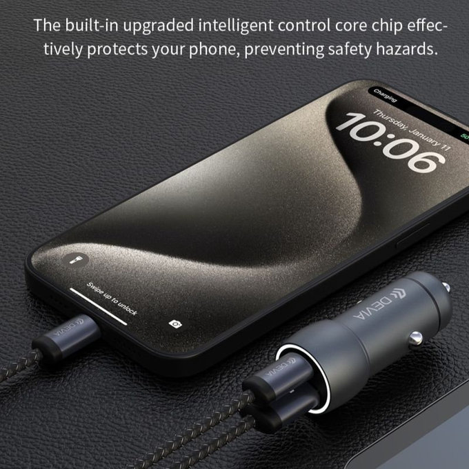 Auto punjač Extreme Speed USB-C + USB-A, PD 30W, QC 3.0 18W, siva, Devia