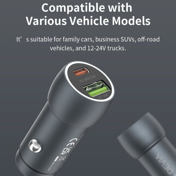 Auto punjač Extreme Speed USB-C + USB-A, PD 30W, QC 3.0 18W, siva, Devia
