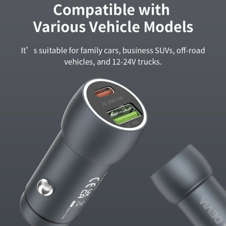 Auto punjač Extreme Speed USB-C + USB-A, PD 30W, QC 3.0 18W, siva, Devia