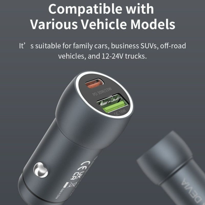 Auto punjač Extreme Speed USB-C + USB-A, PD 30W, QC 3.0 18W, siva, Devia