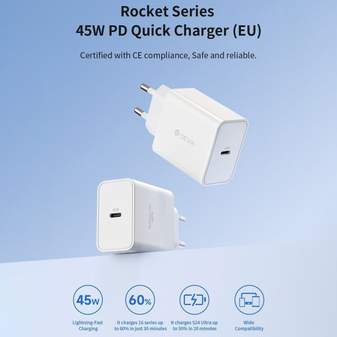 Punjač Rocket USB-C, PD 45W, bijela, Devia