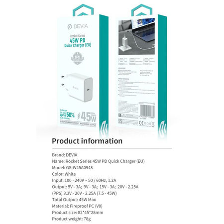Punjač Rocket USB-C, PD 45W, bijela, Devia