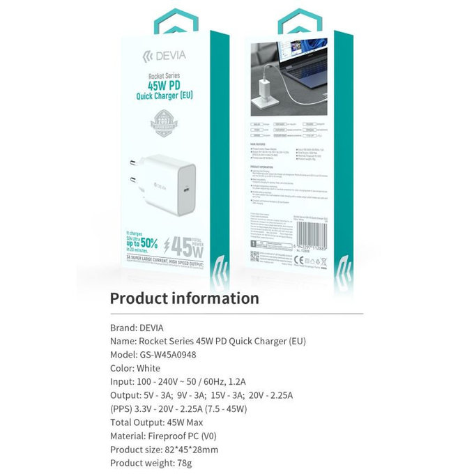 Punjač Rocket USB-C, PD 45W, bijela, Devia