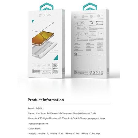 Kaljeno staklo FullCover s aplikatorom za iPhone 17, Devia