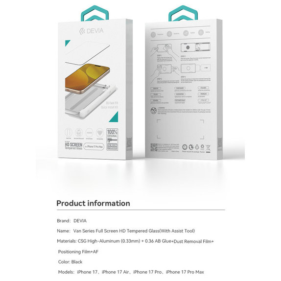 Kaljeno staklo FullCover s aplikatorom za iPhone 17 Pro Max, Devia