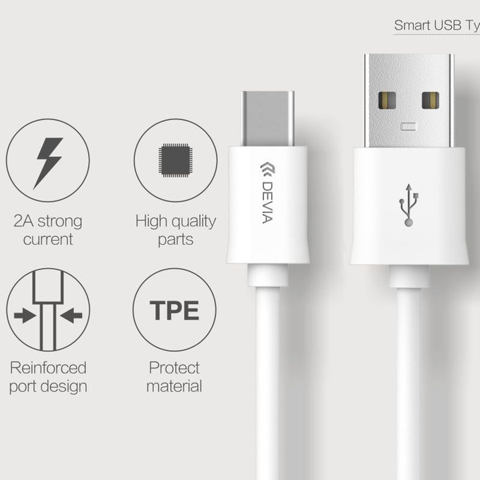 USB / USB-C kabel Smart, 2.1A, 1m, bijela, Devia