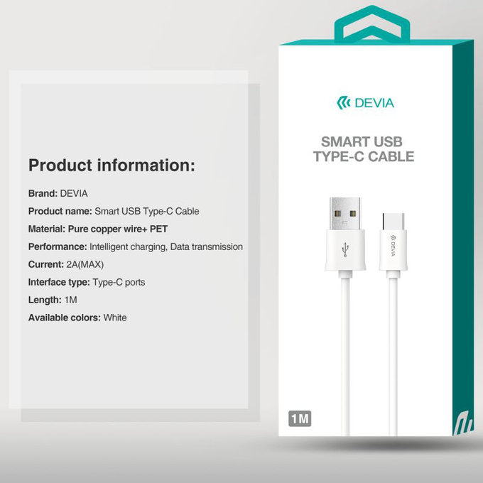 USB / USB-C kabel Smart, 2.1A, 1m, bijela, Devia
