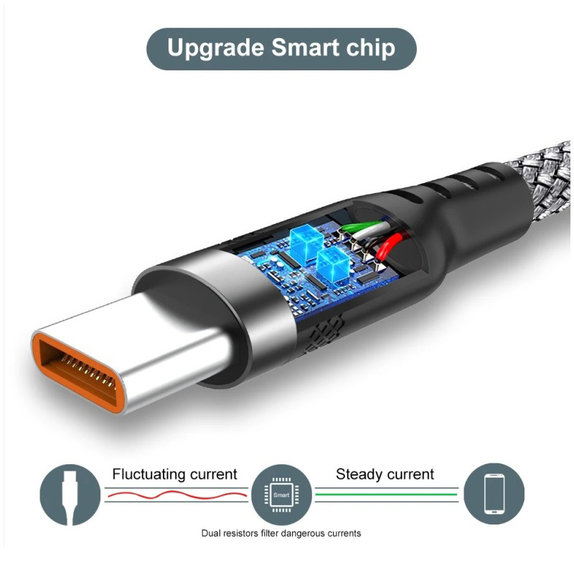 USB-A / USB-C kabel, 6A, 1m, sivi