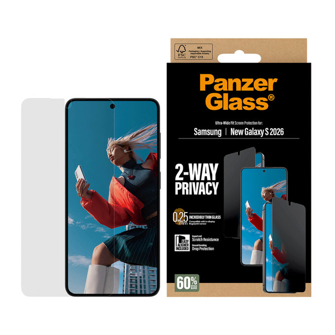 PanzerGlass - UWF 2-Way Privacy kaljeno staklo s aplikatorom za Samsung Galaxy S26, prozirno