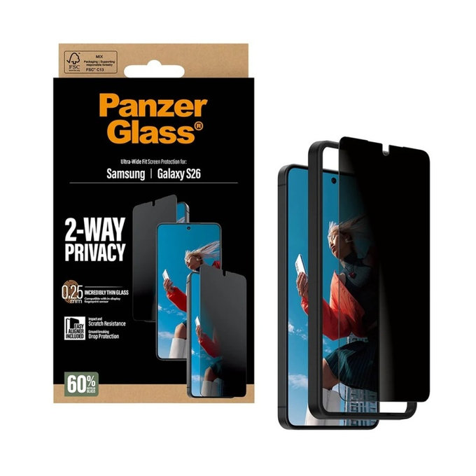 PanzerGlass - UWF 2-Way Privacy kaljeno staklo s aplikatorom za Samsung Galaxy S26, prozirno