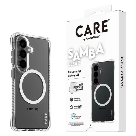 Maska Samba s bijelim QI za Samsung Galaxy S26, Prozirna, PanzerGlass