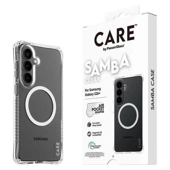 Maska Samba s bijelim QI za Samsung Galaxy S26+, Prozirna, PanzerGlass