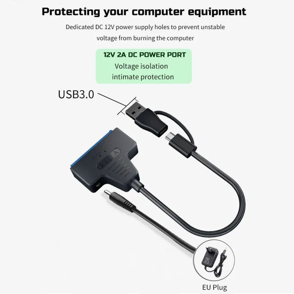 USB 3.0 / USB-C na SATA adapter za 2.5" i 3.5" HDD/SSD, s napajanjem