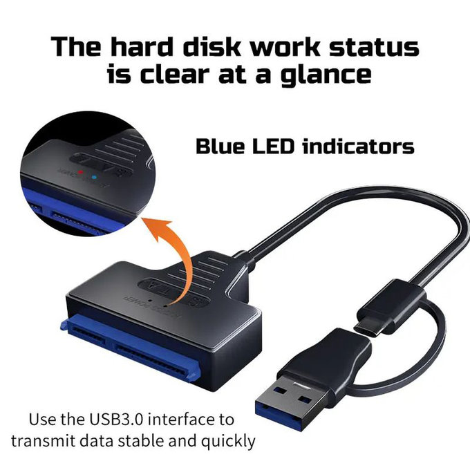 USB 3.0 / USB-C na SATA adapter za 2.5" i 3.5" HDD/SSD, s napajanjem