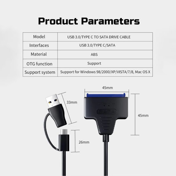 USB 3.0 / USB-C na SATA adapter za 2.5" i 3.5" HDD/SSD, s napajanjem
