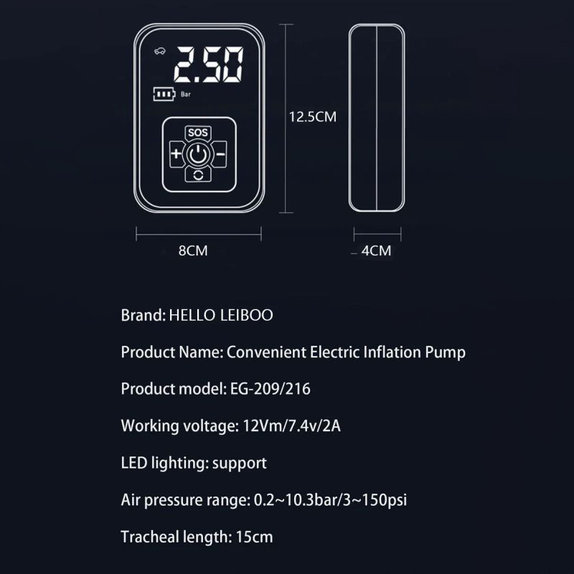 Bežični kompresor za gume s digitalnim zaslonom, 150 PSI, crni