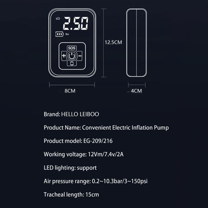 Bežični kompresor za gume s digitalnim zaslonom, 150 PSI, crni