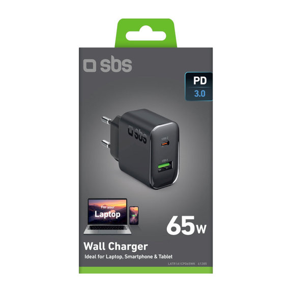 Putni adapter USB-A/USB-C, GaN, 65 W PD, crna, SBS