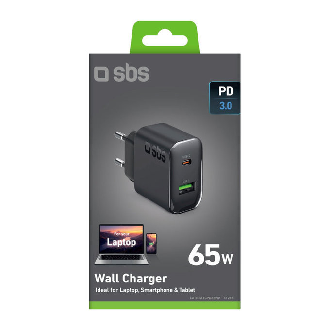 Putni adapter USB-A/USB-C, GaN, 65 W PD, crna, SBS