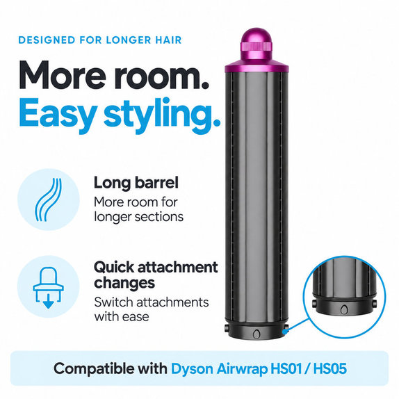 Dugi nastavak za kovrčanje za Dyson Airwrap HS01, HS05, 40 mm, Nickel / Fuchsia