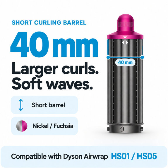 Kratki nastavak za kovrčanje za Dyson Airwrap HS01, HS05, 40 mm, Nickel / Fuchsia