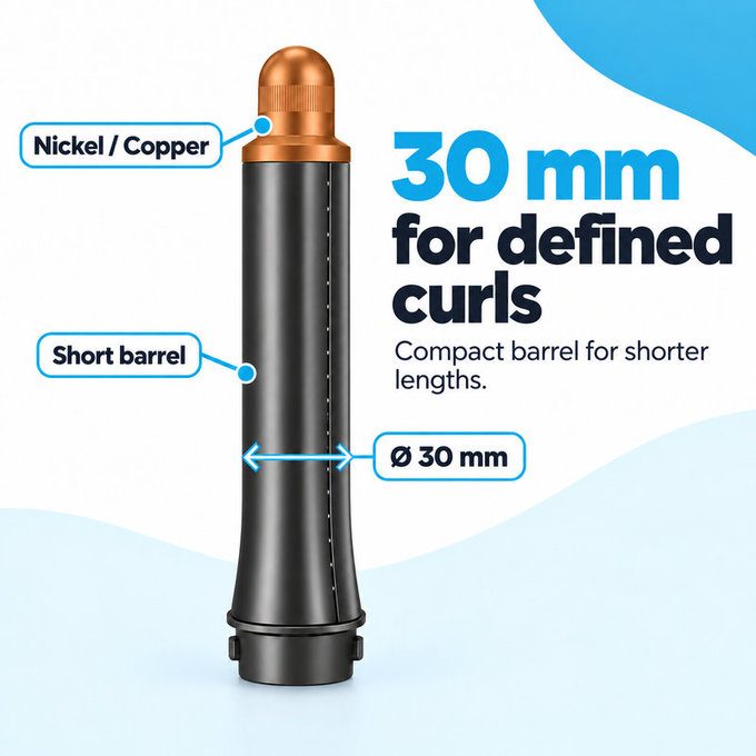 Kratki nastavak za kovrčanje za Dyson Airwrap HS01, HS05, 30 mm, Nickel / Copper