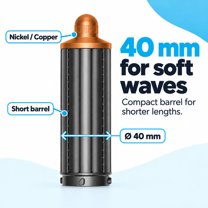 Kratki nastavak za kovrčanje za Dyson Airwrap HS01, HS05, 40 mm, Nickel / Copper