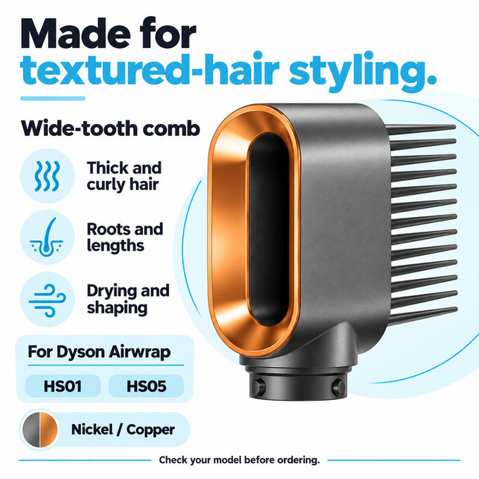 Češalj sa širokim zupcima za Dyson Airwrap HS01, HS05, Nickel / Copper