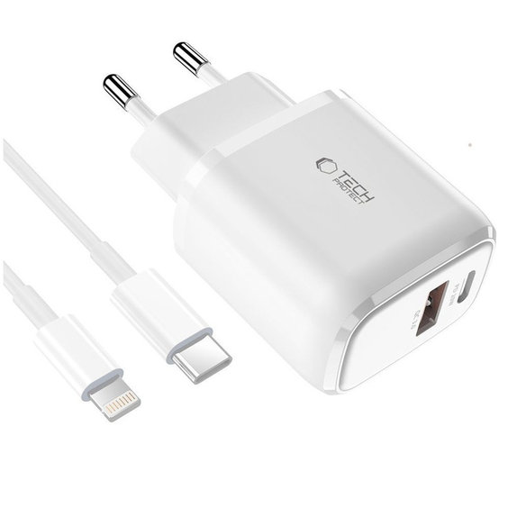 Mrežni punjač C20W 2-PORT PD 20W / QC3.0 + Lightning Cable, bijela, Tech-Protect