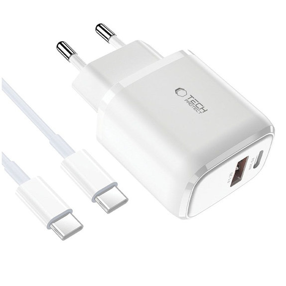 Mrežni punjač C20W 2-PORT PD 20W / QC3.0 + USB-C Cable, bijela, Tech-Protect