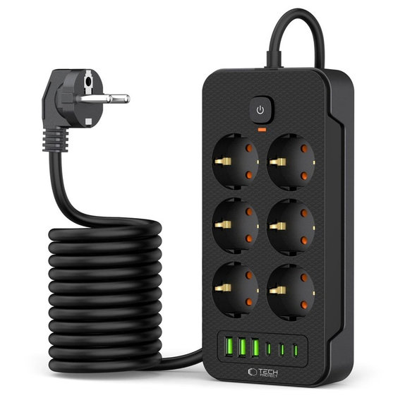 Mrežni punjač PC6X6 Power Strip 3 USB & 3 USB-C & 6 Socket 200cm, crna, Tech-Protect